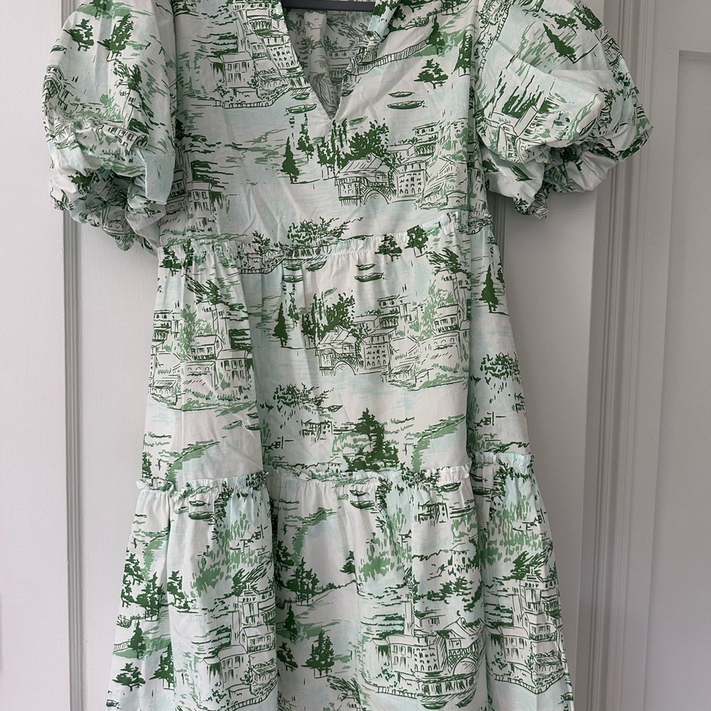 Sugarlips Green and White Toile Tiered Dress- L